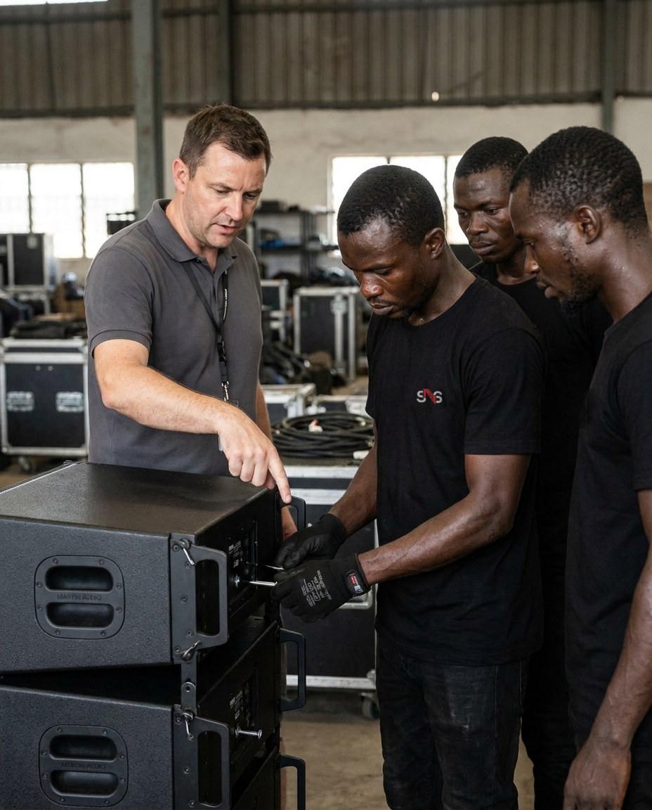 A Martin Audio engineer shows a sightNsound technician the WPC rigging pins